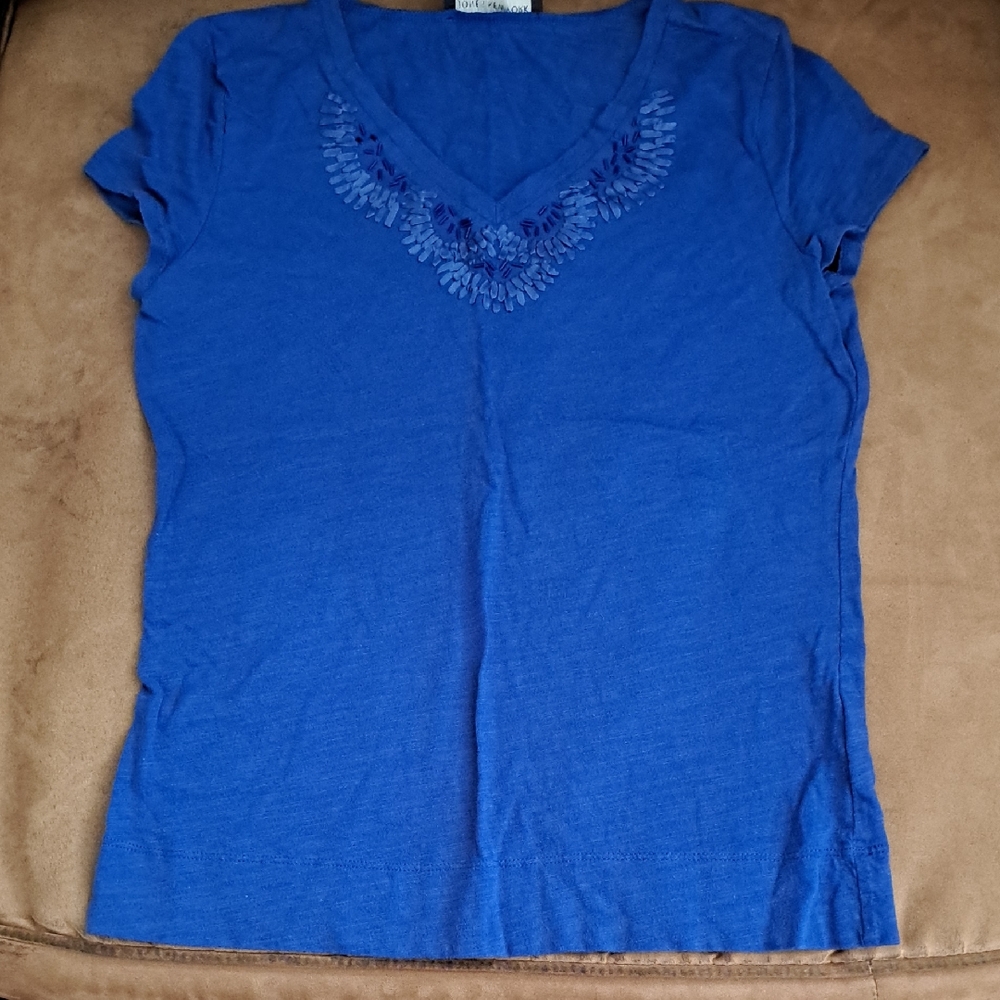 Blue V-Neck Tee with with Beading And Embroidery